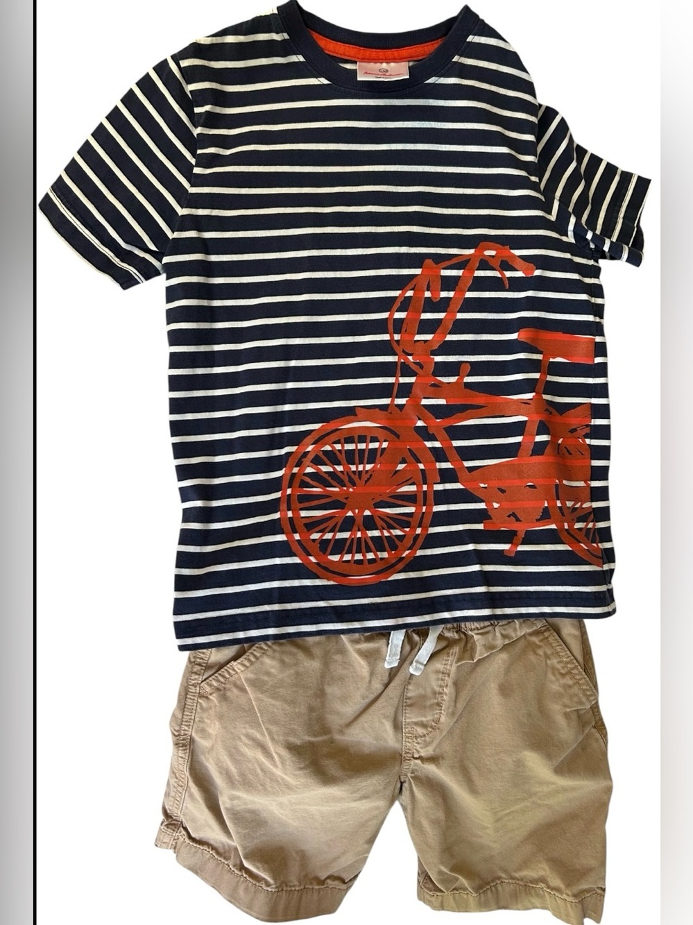 Hanna Andersson Outfit Sz 8 Striped Navy/White Bike Graphic Tee & Tan Shorts